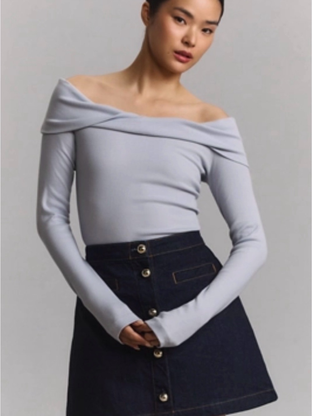 Pilcro Off-the-Shoulder Foldover Long Sleeve Top Bardot Neckline Y2K Minimalist